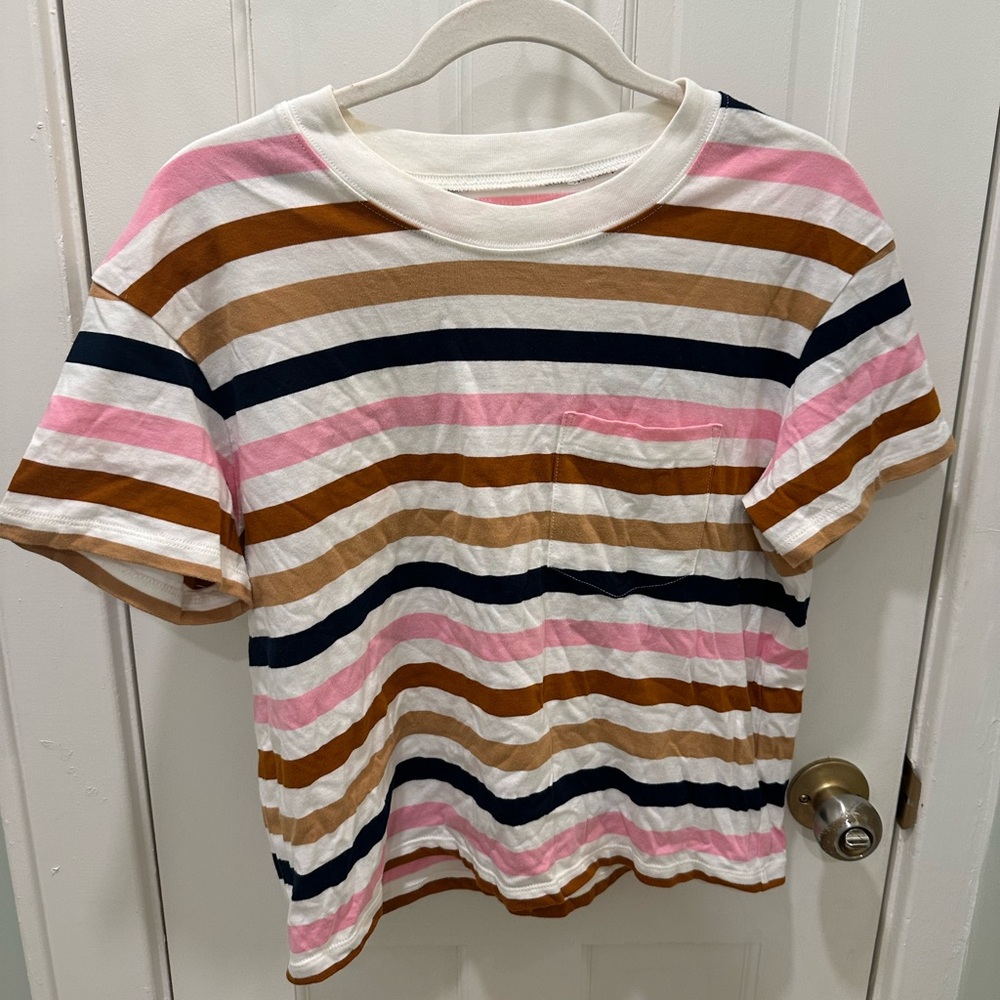 Madewell Pink and Brown Striped Crew Neck Tee
